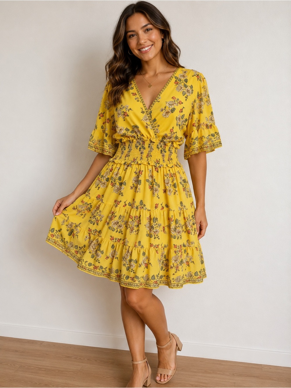 Max Studio Yellow Boho Floral Smocked Waist Tiered Mini Dress Size XL